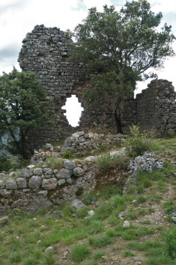 Fransa 'nın Gard kentindeki yıkık dökük ortaçağ tapınağı Allegre les fumades' e yakın çekim