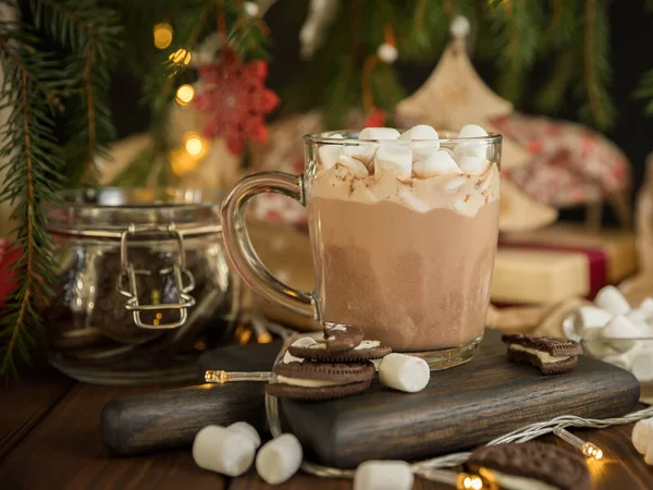 Hot Chocolate Marshmallow Glass Cup Wooden Table Christmas Tree Hot — Stock Photo, Image