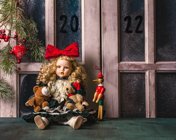 Vintage Mooie Pop Pinocchio Twee Teddyberen Zitten Samen Vensterbank — Stockfoto