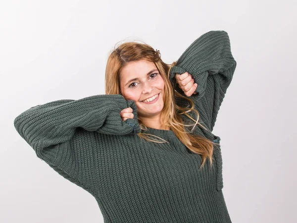 Young Beautiful Happy Smiling Woman Green Large Sweater Sitting Old — стоковое фото