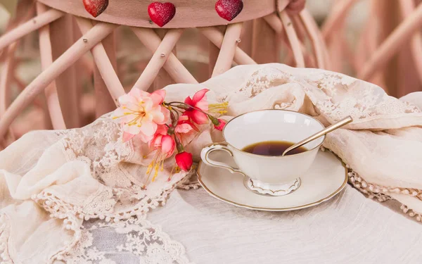 Romantic Still Life Creamy Pink Vintage Porcelain Coffee Cup Flowers — Stock Photo, Image