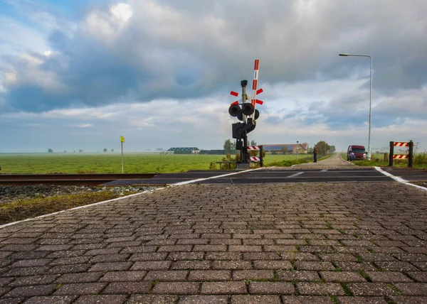 Rail Road Crossing Netherlands Landscape — Zdjęcie stockowe