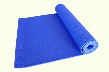 Mavi yoga minderi beyaz arka planda.