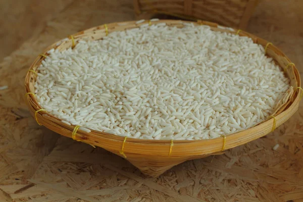 Rice Weave Basket Wood Background — Zdjęcie stockowe