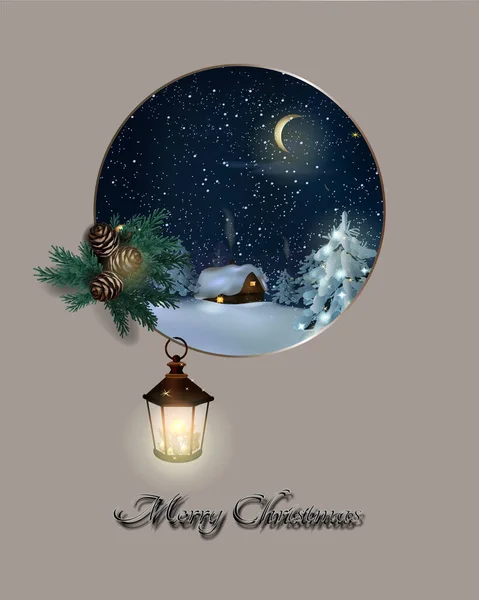 Kış manzaralı ve köknar dallı Noel kartı