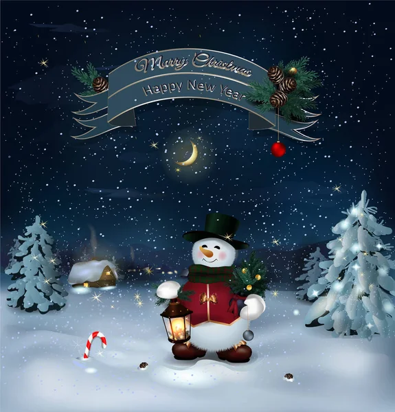 illustration of a christmas background with a snowman and a moon