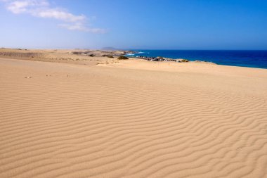 Fuerteventura Kanarya Adası 'ndaki kumul Corralejo manzarası.