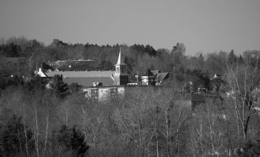 Eski köy binaları ve çıplak ağaçlar, siyah ve beyaz