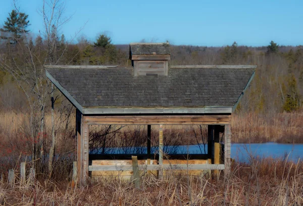 秋の風景の中で湖に捨てられた木造住宅 — ストック写真