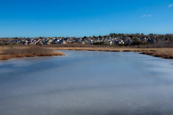 Вид Замерзшее Озеро Солнечной Зимней Сцене — стоковое фото