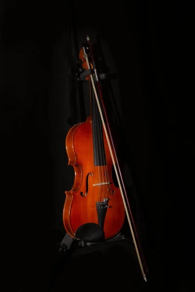 Geige Mit Schleife Auf Schwarzem Hintergrund Auf Ständer — Stockfoto