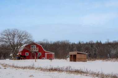 Karlı ve çıplak ağaçlı kış çiftliği sahnesi