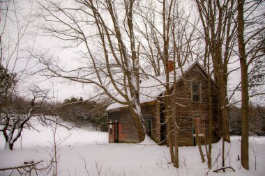 Karlı orman sahnesindeki eski ahşap ev