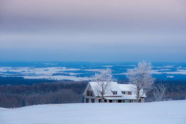 Kar, ağaçlar ve evle güzel kış manzarası
