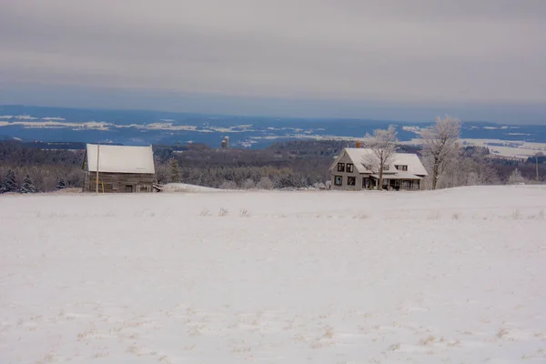 Karlı Ağaçlı Evli Güzel Kış Manzarası — Stok fotoğraf