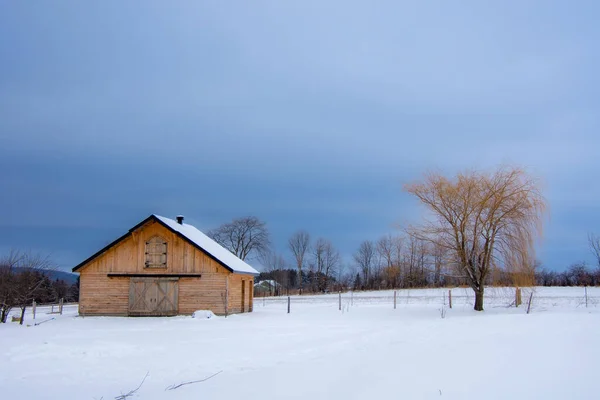 Holzschuppen Verschneiter Winterlandschaft Unter Bewölktem Himmel — Stockfoto