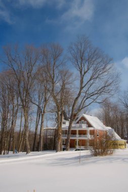 Soğuk Quebec kışında tipik Kanada evi