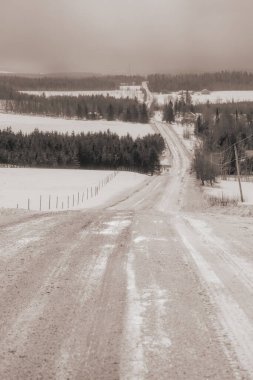 Soğuk Quebec kışında Tipik Kanadalı evleriyle Manzaralı Kış Manzarası