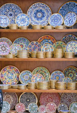 closeup of handmade souvenirs in shop