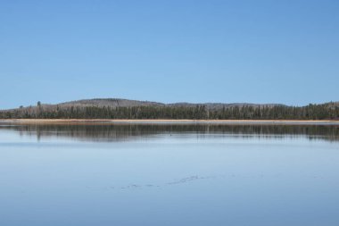 İlkbaharda, Quebec eyaletindeki Kanada ormanında güzel bir göl.