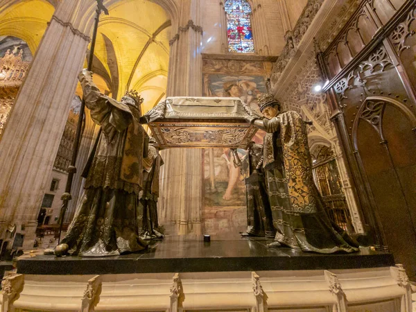 SEVILLE, SPAIN: The tomb of Christopher Columbus by Arturo Melida y Alinari (1891) in the Cathedral de Santa Maria de la Sede.