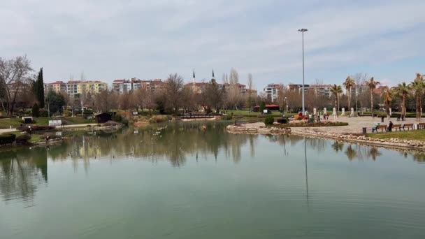 公園の真ん中の湖のフロントショット 人々が座っている公園の真ん中の湖を渡って — ストック動画