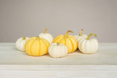 Beyaz bir masada beyaz ve sarı mini balkabakları. Kopyalama alanı olan sonbahar arkaplanı.