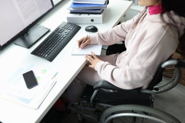 Tekerlekli sandalyedeki kadın iş yerindeki bilgisayarda çalışıyor.