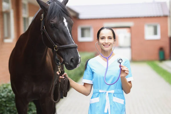 Портрет молодой улыбающейся ветеринарии, держащей крутизну, стоя рядом с лошадью — стоковое фото