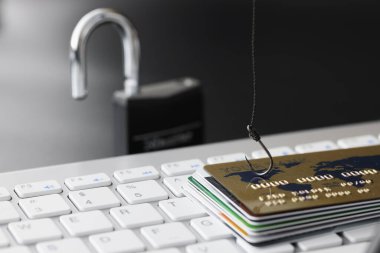 Plastik banka kredi kartları ve bilgisayar klavyesinde olta iğnesi