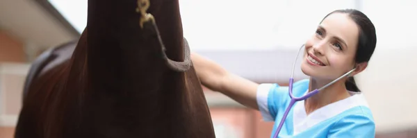 Mulher veterinária escuta de perto estetoscópio cavalo — Fotografia de Stock