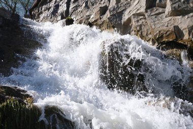 Köpüklü suyu olan güzel, hızlı bir dağ şelalesi.