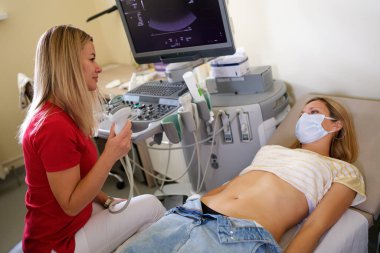 Doktor ultrason tarayıcısıyla kadını muayene ediyor. Hamilelik ve gecikmiş adet konsepti bekleniyor.