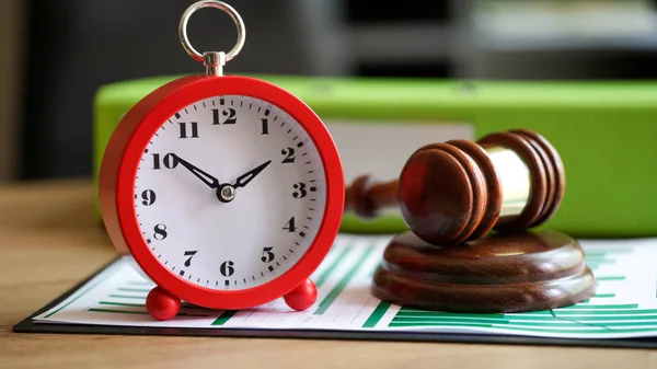 Close-up of judges gavel with alarm clock on financial documents. Postponement of a hearing, trial or auction end time. Court time and deadline concept