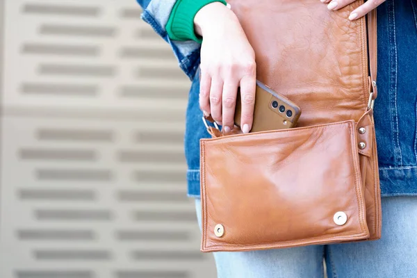 Close Female Hand Putting Modern Smartphone Bag Woman Take Out — Stock Photo, Image