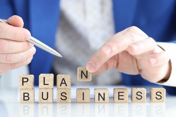 Close Businessman Collecting Words Plan Business Wooden Cubes Business Planning — Fotografia de Stock