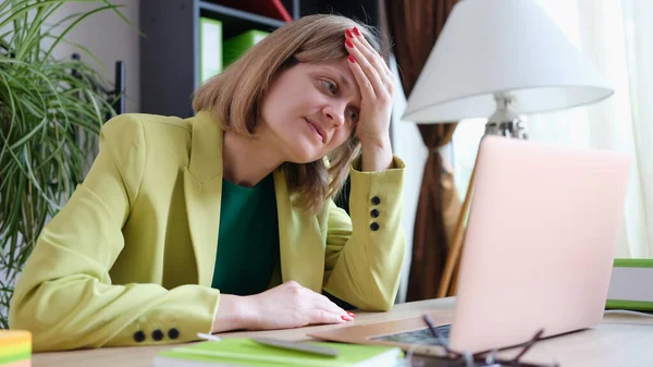 Portrait Tired Woman Working Using Modern Laptop Office Stressful Exhausted — Stockfoto