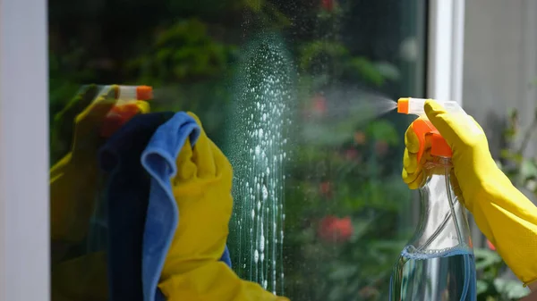 Close-up of female cleaner cleaning window using detergent and rag. House cleaning, housekeeping and spring-cleaning concept