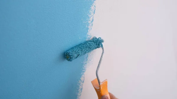 Close-up of decorator painting wall in blue color, interior decorating. Painting walls with roller. Repair and renovation concept