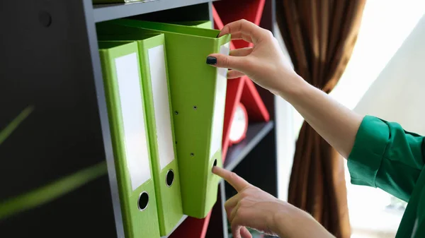 Close Woman Hands Taking Green Paper Folder Archive Paperwork Office — Stockfoto