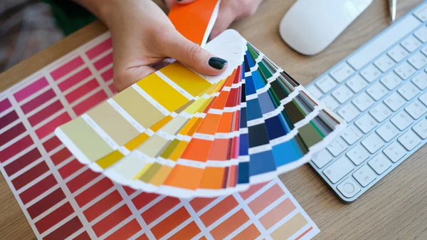 Top View Woman Designer Holding Fan Colourful Samples Hand Designer — Fotografia de Stock