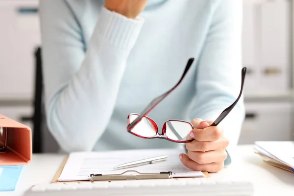 Close Female Office Manager Working Documents Workplace Woman Holding Glasses — Foto Stock