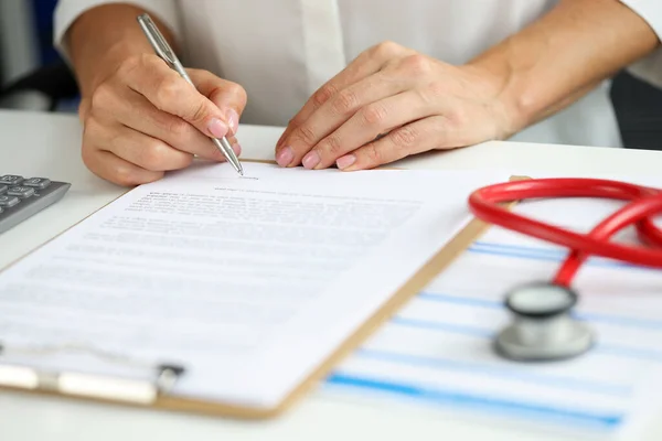 Close Female Doctor Medical Gown Put Sign Clipboard Documents Qualified — Stockfoto