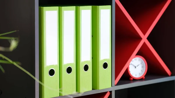 Close Shelves Office Folders Documents Red Alarm Clock Archive Data — 图库照片