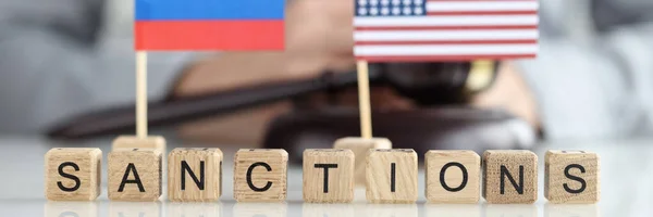 Economic sanctions of United States of America against Russia during war with Ukraine closeup. Financial and economic impact on country aggression concept