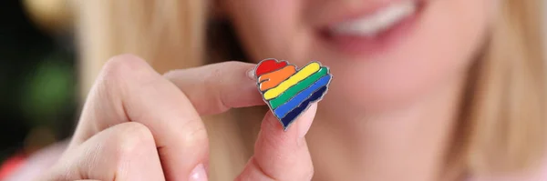 Smiling Woman Holding Small Lgbt Icon Communities Sexual Minorities Concept — стоковое фото