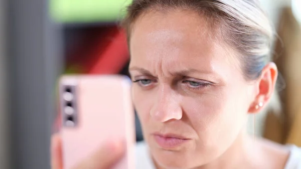 Closeup Portrait Woman Looking Smartphone Display Closely Eye Problems Farsightedness — Stock Photo, Image