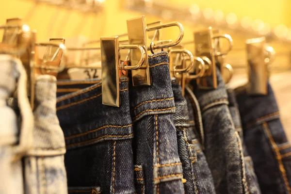 Denim Shorts Pants Hang Hangers Clothing Store Selection Trendy Stylish — Stock Photo, Image