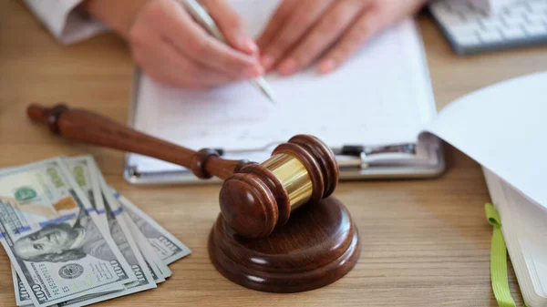 Lawyer Advocate Working Document Judge Gavel Litigation Bribe Dollars — Stock Photo, Image