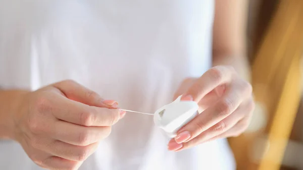 Woman Holds Dental White Floss Package Hands Closeup Concept Oral — Stock Photo, Image